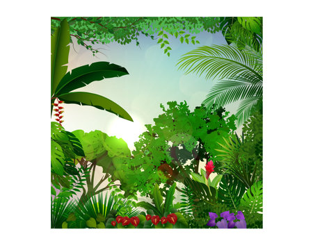 Tropical rainforest landscape with palm trees and flowers vector illustrationのイラスト素材