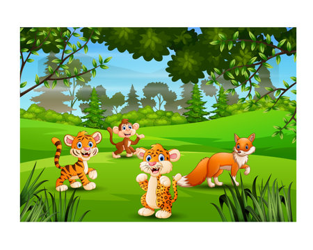 Vector illustration of Cartoon cheetah and tiger in the jungle backgroundのイラスト素材