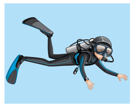 Scuba diver with mask and flippers isolated on blue background illustrationのイラスト素材
