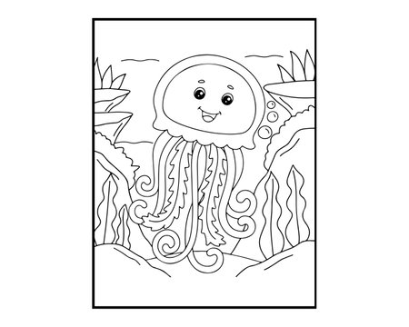 Coloring page with cute cartoon jellyfish. Vector illustration for children.のイラスト素材