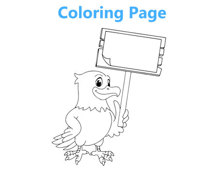 Coloring book for children. Cute cartoon bird with a sign.のイラスト素材