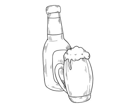 Beer bottle and glass. Hand drawn vector illustration in sketch style.のイラスト素材