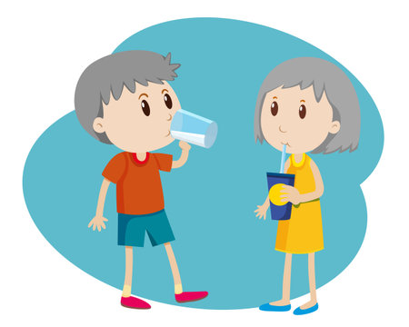 Boy and girl drinking water from a plastic bottle. Vector illustration.のイラスト素材