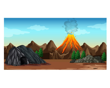 Volcanic eruption on the background of the landscape. Vector illustrationのイラスト素材