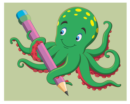 Cute cartoon octopus with pencil on green background. Vector illustration.のイラスト素材