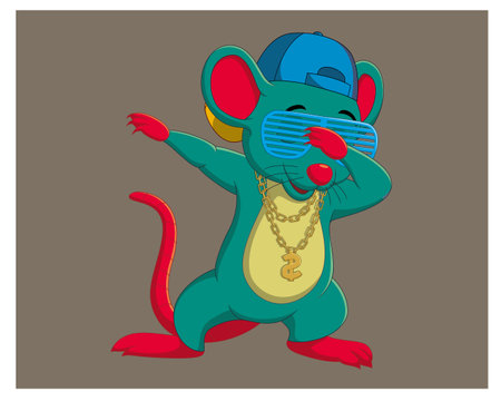 Cartoon mouse with a cap, glasses and chain. Vector illustrationのイラスト素材