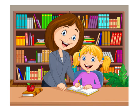 Mother and daughter doing homework in the library. Vector cartoon illustration.のイラスト素材
