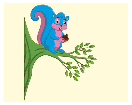 Cute cartoon blue squirrel sitting on a branch. Vector illustration.のイラスト素材
