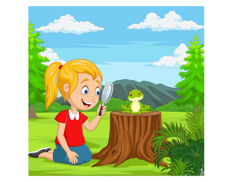 Cute little girl with magnifying glass and frog in the park illustrationのイラスト素材