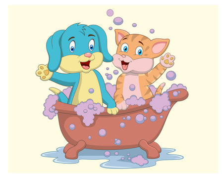 Cat and dog in the bathtub. Vector illustration of a cartoon character.のイラスト素材