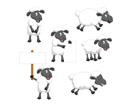 Cartoon sheep with different poses. Vector illustration isolated on white background.のイラスト素材