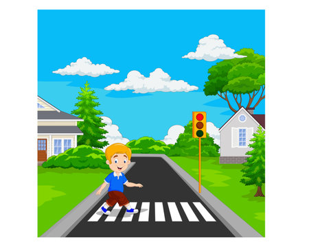 Vector illustration of a boy crossing the road in front of a houseのイラスト素材