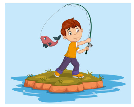 boy fishing with rod and fish in the pond vector illustration graphic designのイラスト素材