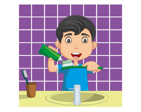 cartoon man brushing his teeth in the bathroom over purple background vector illustrationのイラスト素材