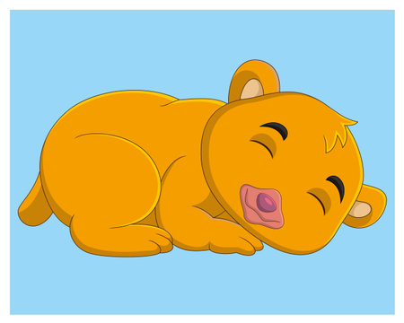 Illustration of a Cute Yellow Cat Sleeping on a Blue Backgroundのイラスト素材