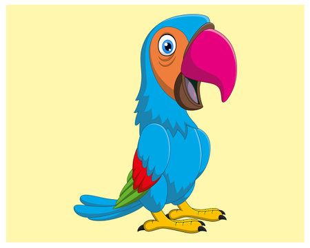 Cartoon parrot isolated on a yellow background. Vector illustration.のイラスト素材