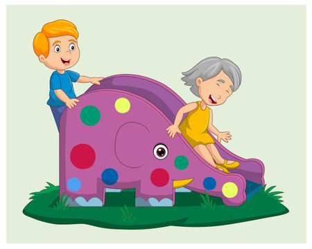 grandmother and grandson playing on a slide over green background vector illustrationのイラスト素材