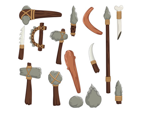 Set of medieval weapons. Vector illustration on white background. Hand drawn cartoon style.のイラスト素材