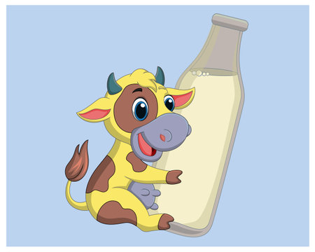 cow and bottle of milk on a blue background. vector illustration.のイラスト素材