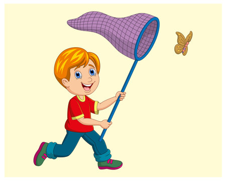 Vector illustration of Cartoon boy catching butterfly with net isolated on white backgroundのイラスト素材