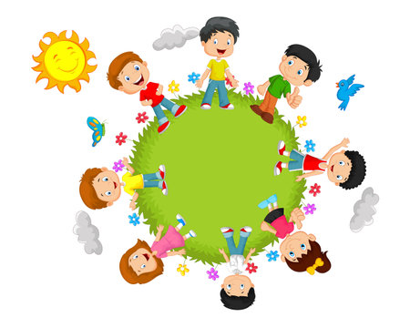 Group of kids in a circle around the earth. Vector illustration.のイラスト素材