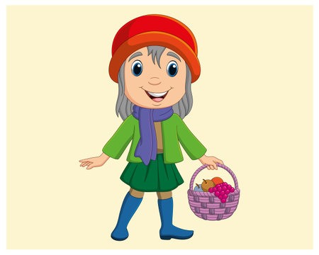 girl with a basket of berries in her hands, vector cartoon illustrationのイラスト素材