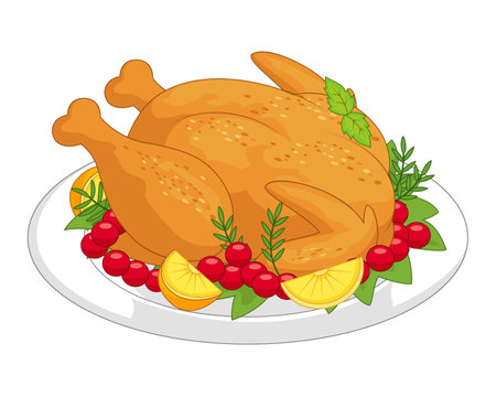 Roast chicken on a plate with lemon and cranberries. Vector illustration.のイラスト素材