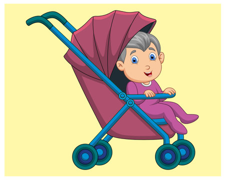 cute baby boy with stroller. vector illustration in cartoon styleのイラスト素材