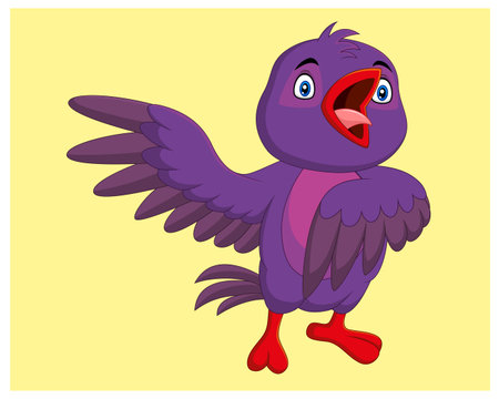 Cute purple bird cartoon. Vector illustration isolated on yellow background.のイラスト素材