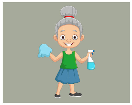 elderly woman with cleaning cloth and spray bottle vector illustration designのイラスト素材