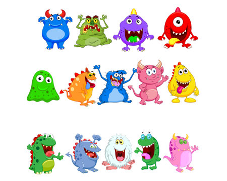Set of cute cartoon monsters. Vector illustration isolated on white background.のイラスト素材