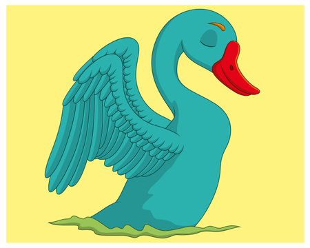 Illustration of a blue swan isolated on a yellow background.のイラスト素材