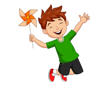 cute boy playing with pinwheel on white background, vector illustrationのイラスト素材