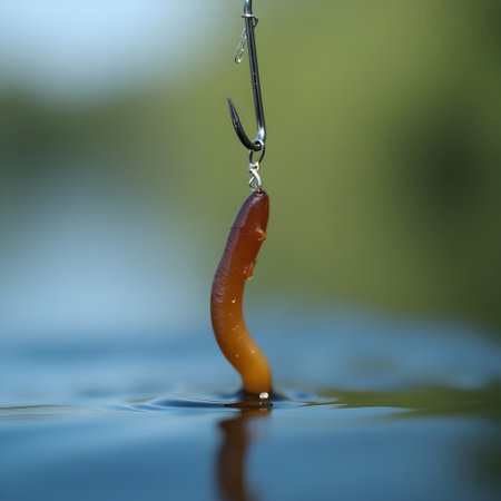 Fishing hook with a worm on the surface of the water.の素材