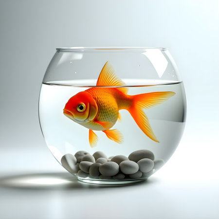 Goldfish in a glass bowl with stones on a gray background.の素材