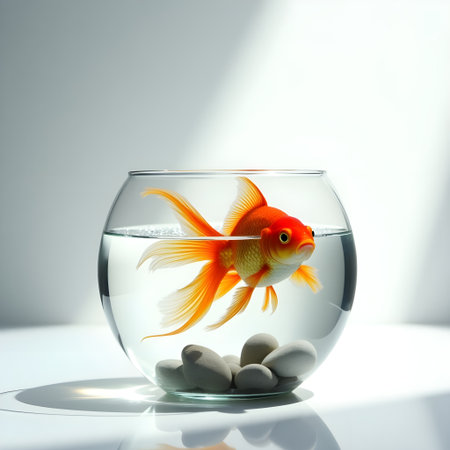 Goldfish in a glass bowl with stones on a white background.の素材