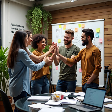 Group of young business people giving high five to each other in officeの素材