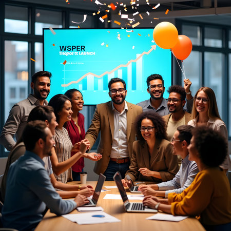 business, startup and people concept - happy creative team with infographics over office backgroundの素材