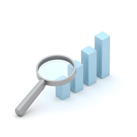 Magnifying glass and blue bar chart on white background. 3D rendering.の素材