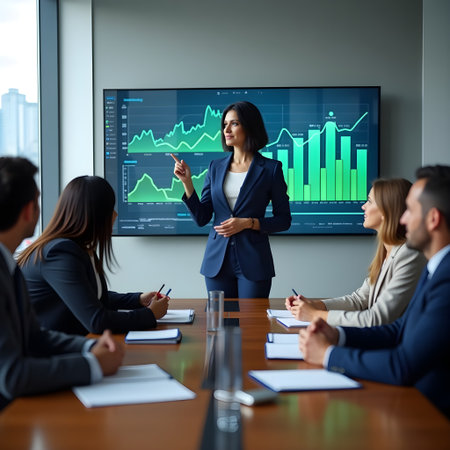 business, technology, statistics and people concept - smiling businesswoman with virtual screen in officeの素材