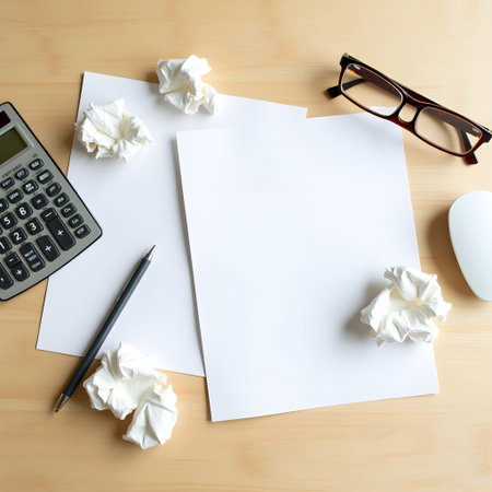 Office desk table with blank paper, pen, calculator and eyeglassesの素材