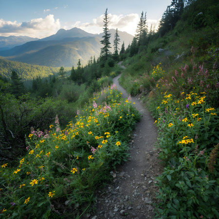 Trail in the mountains with wildflowers at sunset. Summer landscape.の素材