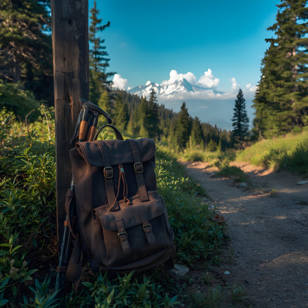 Hiking backpack on a trail in the Carpathian mountains.の素材