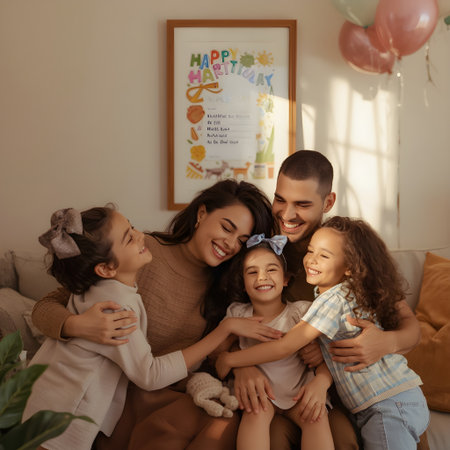 happy mother, father and kids at home on sofa in living roomの素材