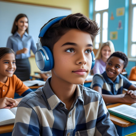 Portrait of cute schoolboy in headphones looking at camera in classroomの素材