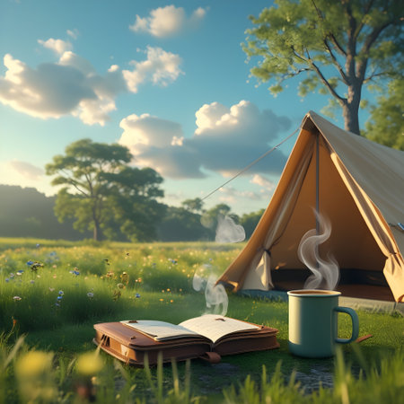 Cup of coffee with book and tent on the meadow.の素材