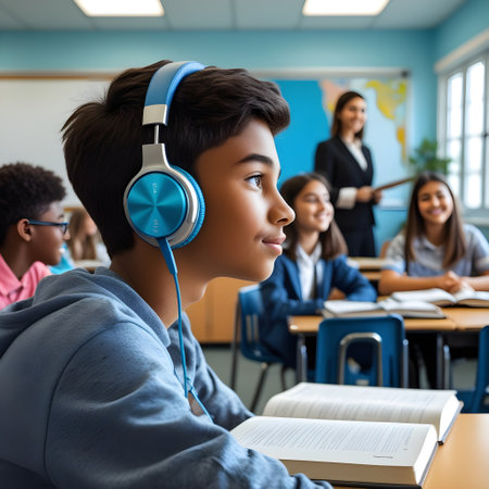 back view of african american boy in headphones listening to music in classroomの素材