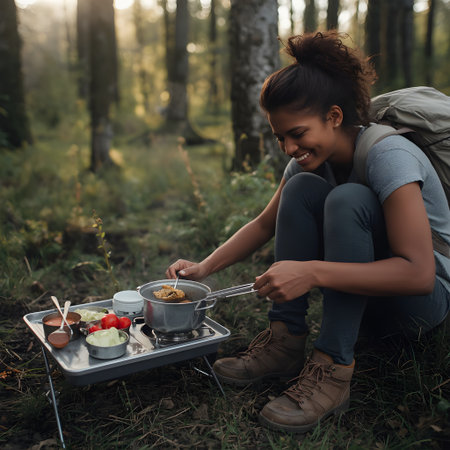 Smiling young woman preparing lunch in the forest. She is sitting on a camping bed.の素材