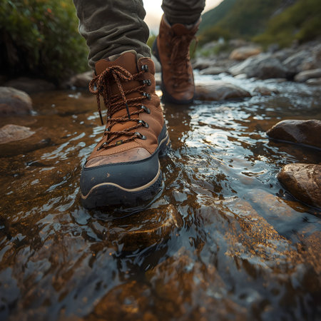 Hiking boots in the mountains. Hiking boots in the mountains.の素材