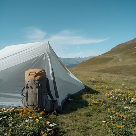 Tourist tent with backpack and wildflowers in the mountains.の素材